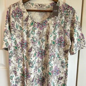 NWT JJill Floral Print Women's Top - Cream and Purple